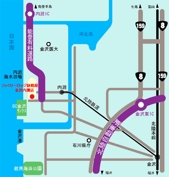 ファミリーロッジ旅籠屋・金沢内灘店への概略アクセスマップ