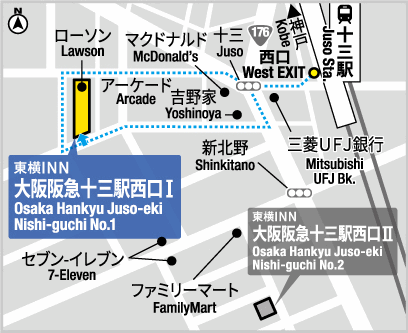東横ＩＮＮ大阪阪急十三駅西口１への概略アクセスマップ