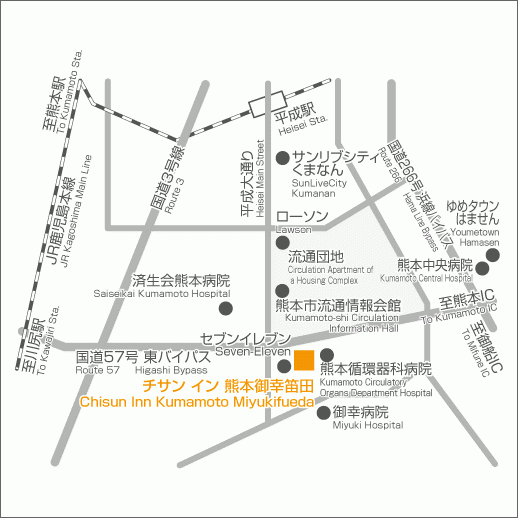 チサンイン熊本御幸笛田への概略アクセスマップ
