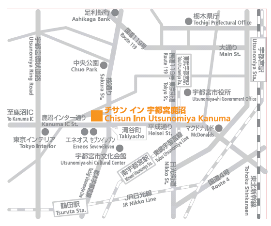 チサンイン宇都宮鹿沼への概略アクセスマップ