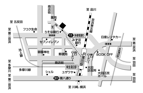 高濃度炭酸泉　梅屋敷の湯　スーパーホテル東京・ＪＲ蒲田西口への概略アクセスマップ