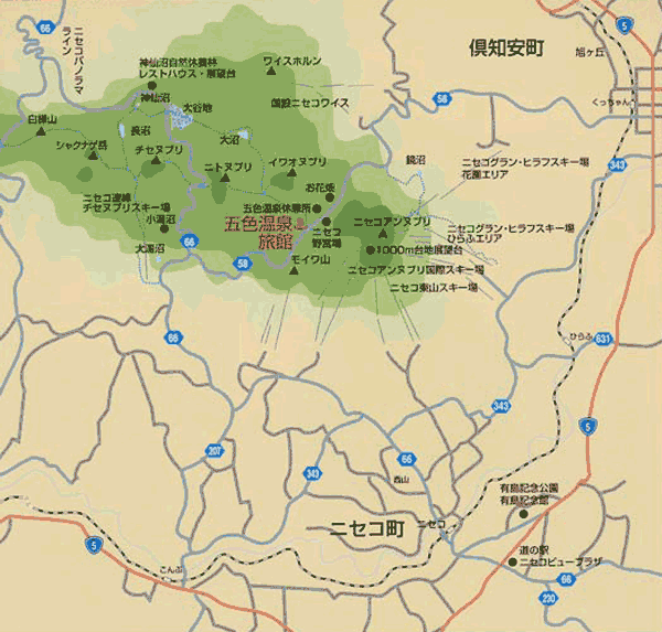 ニセコ五色温泉旅館への概略アクセスマップ