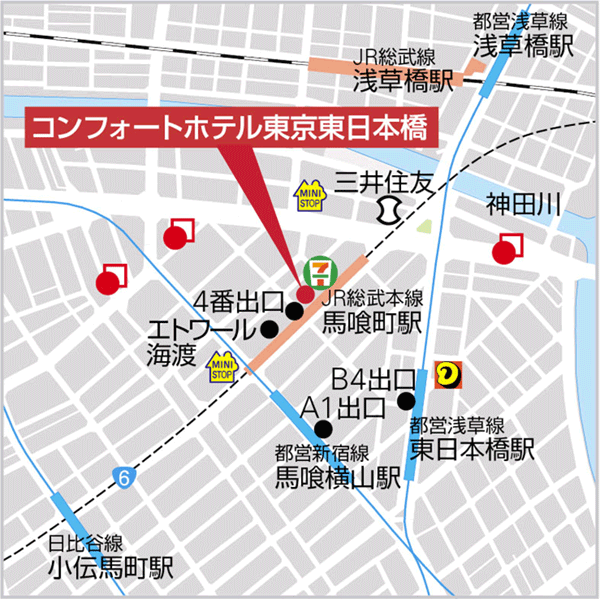 コンフォートホテル東京東日本橋への概略アクセスマップ