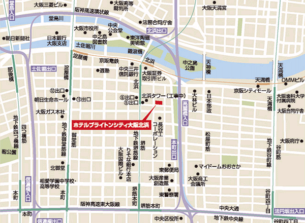 ホテルブライトンシティ大阪北浜への概略アクセスマップ