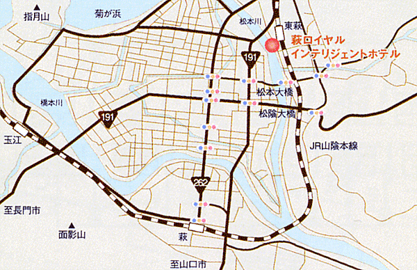 萩ロイヤルインテリジェントホテルへの概略アクセスマップ
