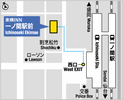 東横ＩＮＮ一ノ関駅前への概略アクセスマップ