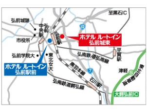 ホテルルートイン弘前城東への概略アクセスマップ