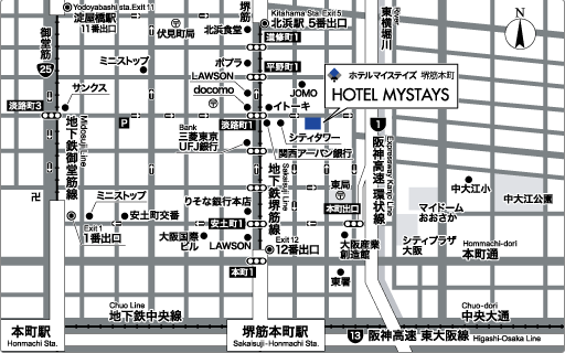 ホテルマイステイズ堺筋本町への概略アクセスマップ
