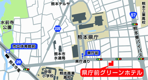 熊本県庁前グリーンホテルへの概略アクセスマップ