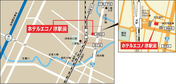 ホテルエコノ津駅前への概略アクセスマップ