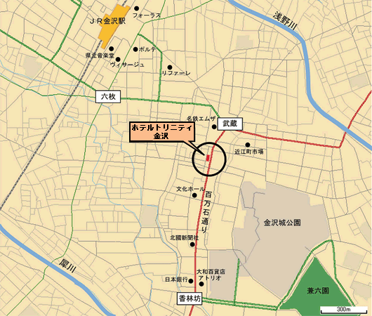 ホテルリソルトリニティ金沢への概略アクセスマップ