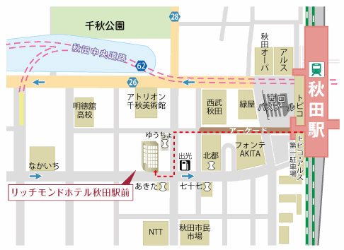 リッチモンドホテル秋田駅前への概略アクセスマップ