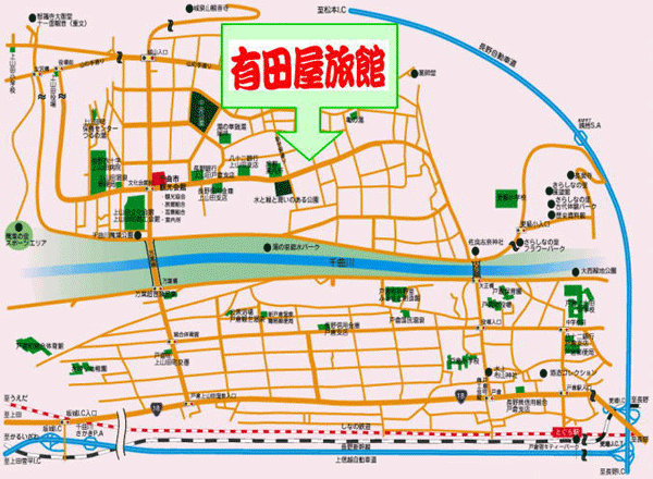 戸倉上山田温泉　有田屋旅館への概略アクセスマップ