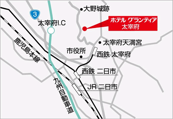 太宰府天然温泉ルートイングランティア太宰府への概略アクセスマップ