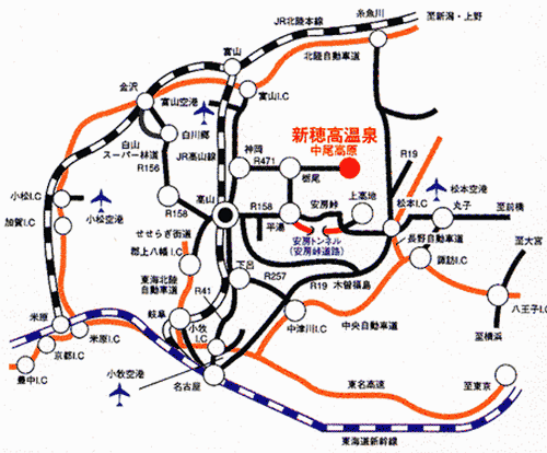 新穂高温泉　旅館　焼乃湯への概略アクセスマップ