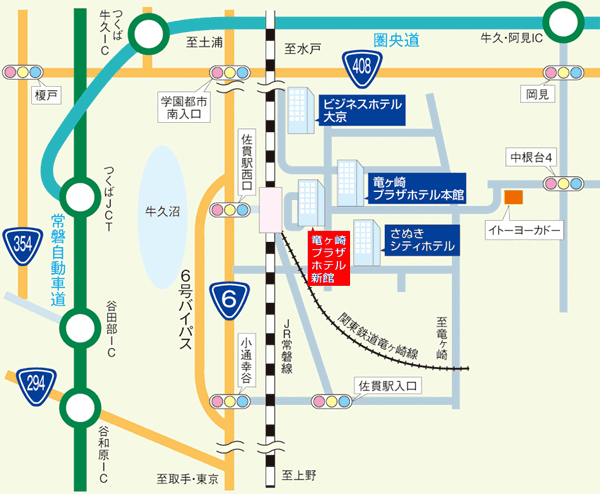 竜ヶ崎プラザホテル新館への概略アクセスマップ