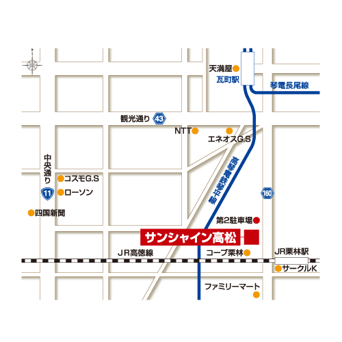 ホテルサンシャイン高松への概略アクセスマップ