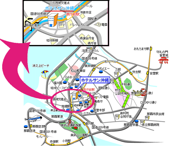 ホテル　サン沖縄への概略アクセスマップ