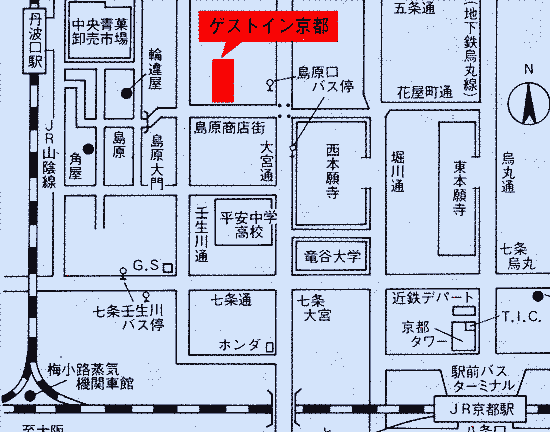 ペンション　ゲストイン京都への概略アクセスマップ