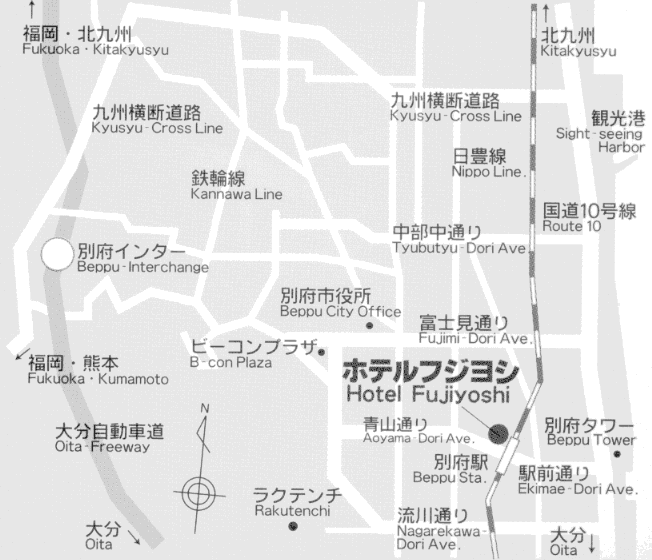 地図：別府駅西口前　ホテル　フジヨシ