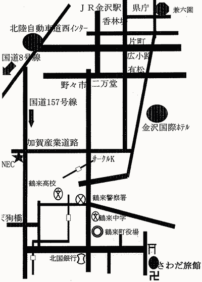 鶴来温泉　萬寿荘さわだ旅館への概略アクセスマップ
