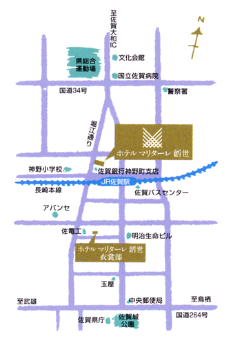 ホテルマリターレ創世　佐賀への概略アクセスマップ