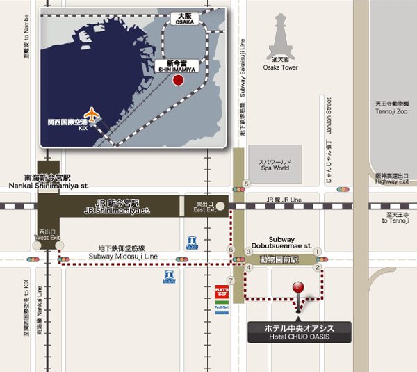 ホテル中央　オアシスへの概略アクセスマップ