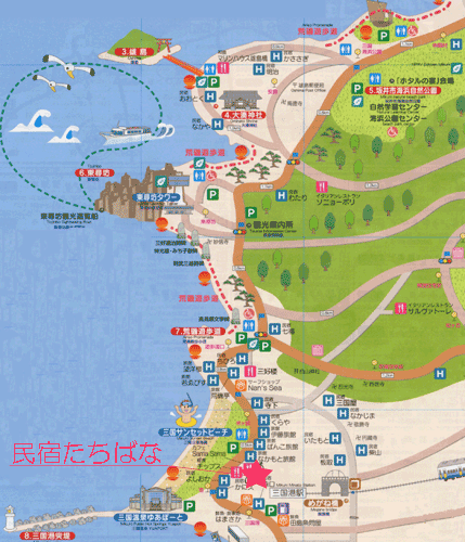 カフェ＆ペンション　ｋａhｕｎａ（カフナ）三国サンセットビーチ沿いへの概略アクセスマップ