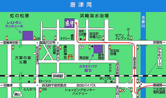 虹の松原　夕映えの宿　旅館魚半への概略アクセスマップ