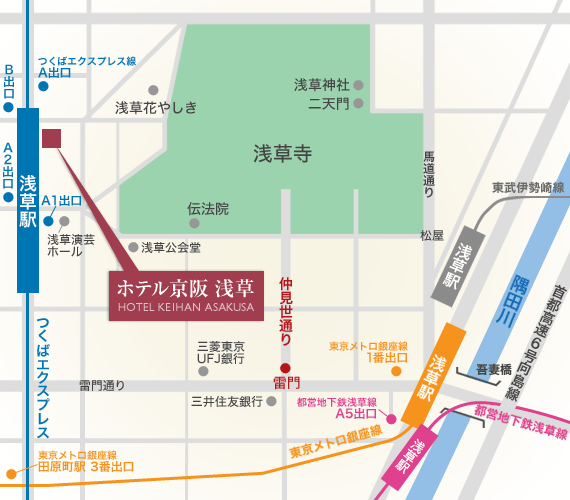 ホテル京阪　浅草への概略アクセスマップ