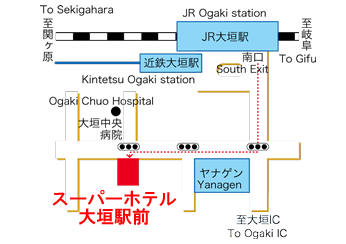 スーパーホテル大垣駅前への概略アクセスマップ