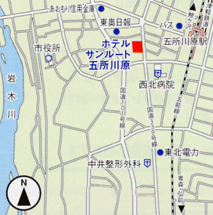 ホテルサンルート五所川原への概略アクセスマップ