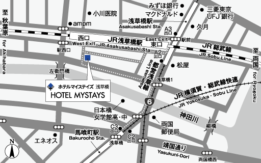 ホテルマイステイズ浅草橋への概略アクセスマップ