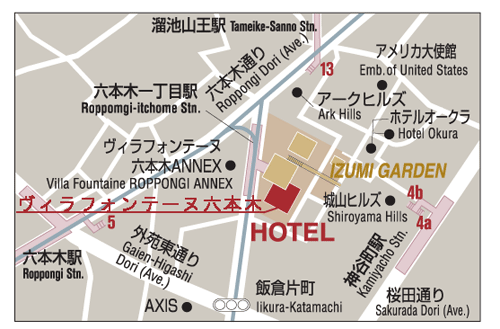 住友不動産ホテル　ヴィラフォンテーヌグランド東京六本木への概略アクセスマップ