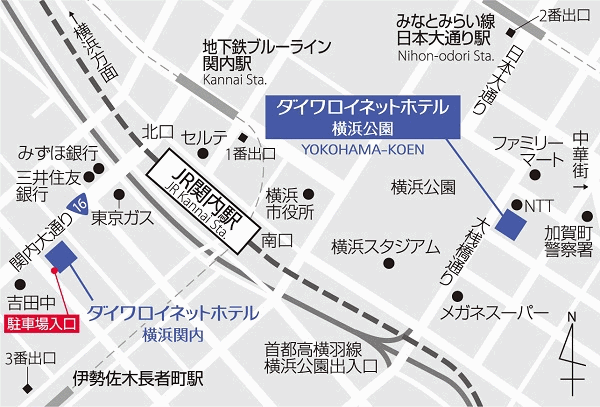ダイワロイネットホテル横浜公園への概略アクセスマップ