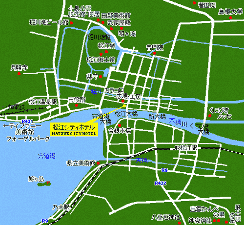 全室源泉温泉かけ流し　松江シティホテル本館への概略アクセスマップ