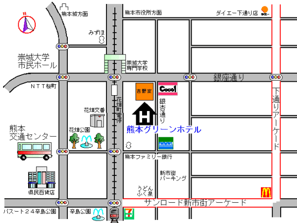 熊本グリーンホテルへの概略アクセスマップ