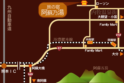 阿蘇内牧温泉　旅の宿　阿蘇乃湯への概略アクセスマップ