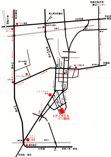 シティホテルイン国分への概略アクセスマップ