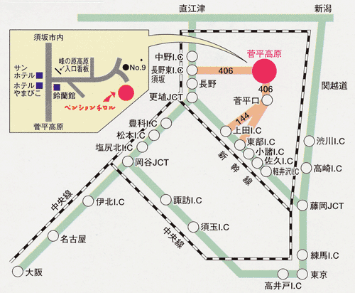 ペットと泊まれる宿　ペンション・チロル＜長野県＞への概略アクセスマップ