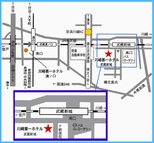 川崎第一ホテル武蔵新城への概略アクセスマップ