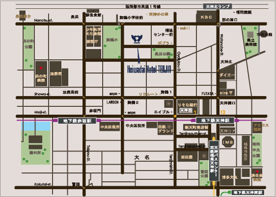 平和台ホテル天神への概略アクセスマップ