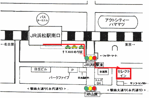 ホテルセレクトイン浜松駅前への概略アクセスマップ