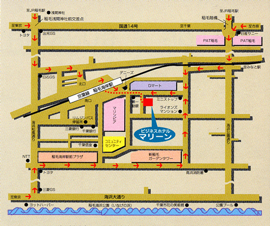 ホテルテトラ幕張稲毛海岸　旧ビジネスホテルマリーンへの概略アクセスマップ