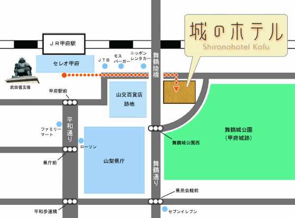 城のホテル甲府への概略アクセスマップ