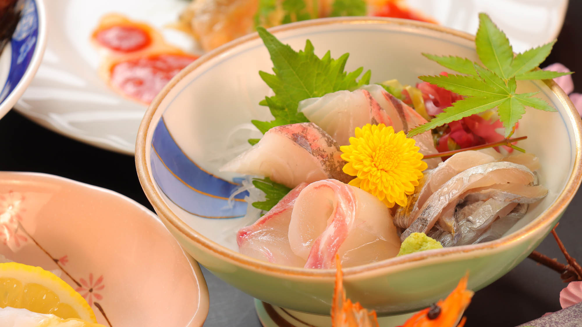 【春のお料理一例】春の旬魚・三種盛り。透き通ったお刺身は鮮度抜群！