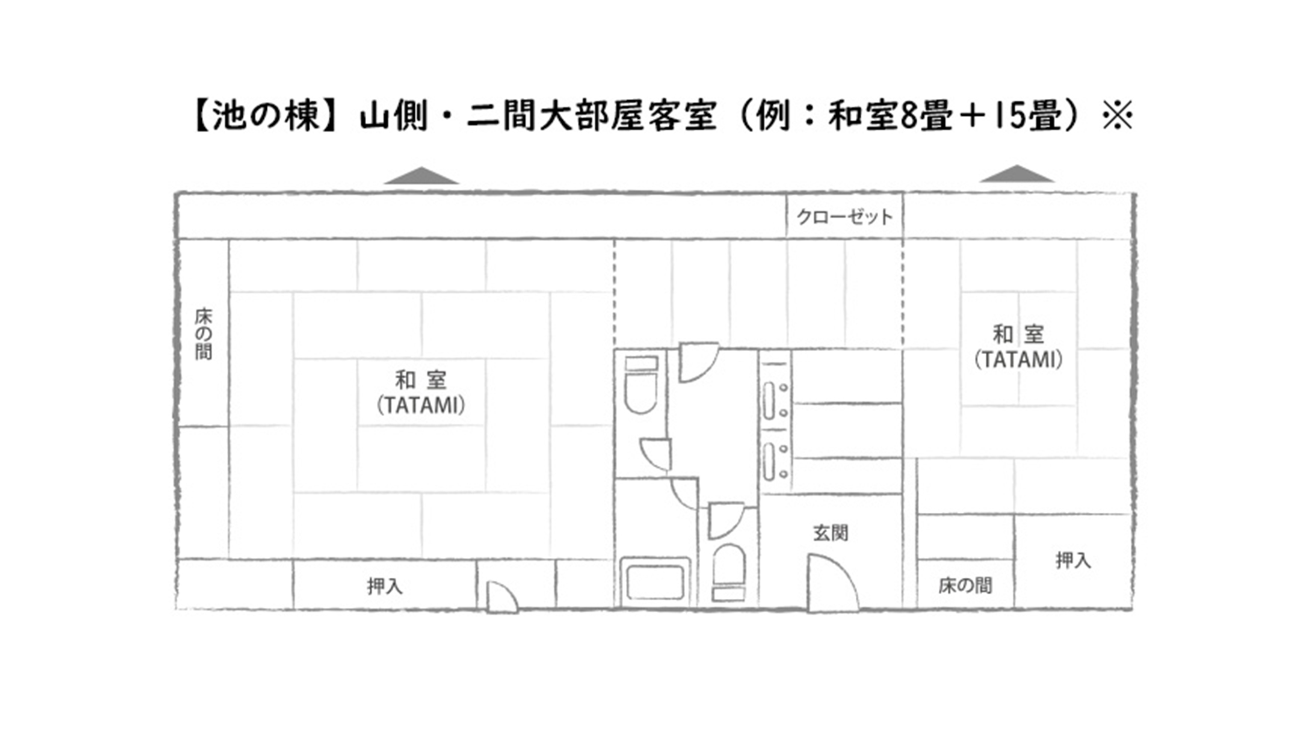 【池の棟】山側・二間大部屋客室（例：和室8畳＋15畳）