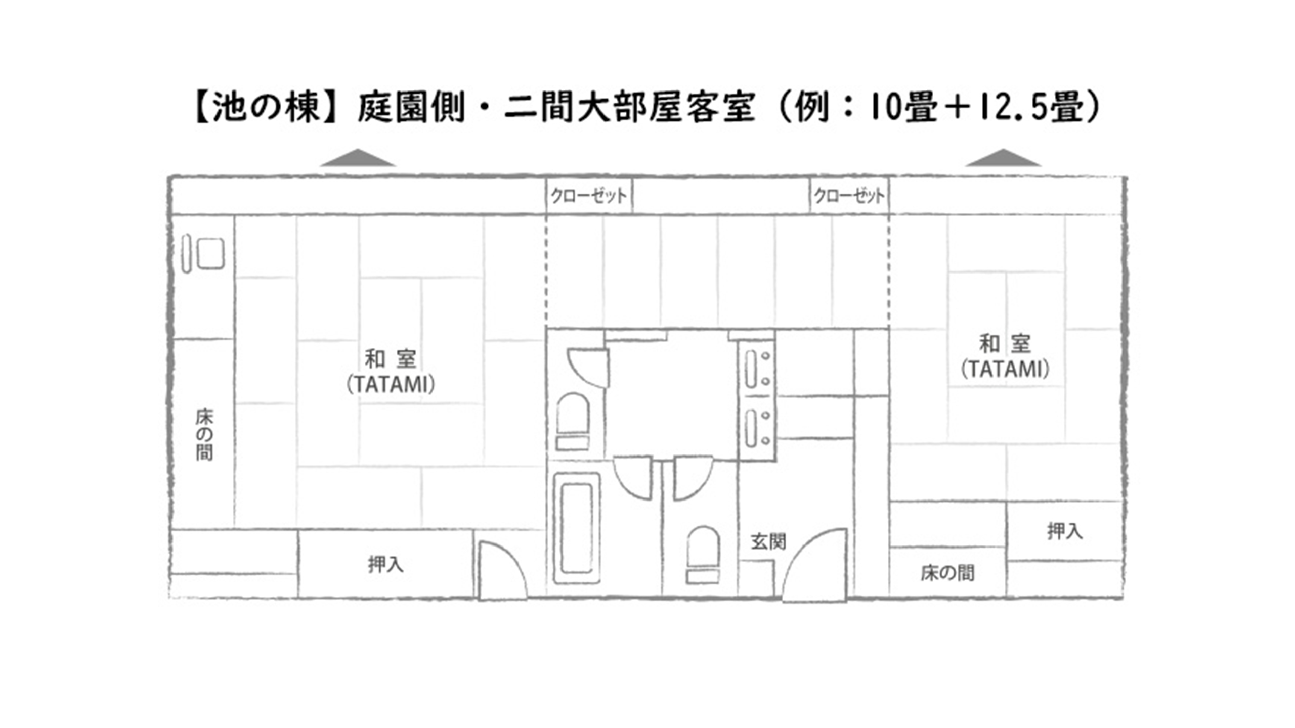 【池の棟】庭園側・二間大部屋客室（例：10畳＋12.5畳）