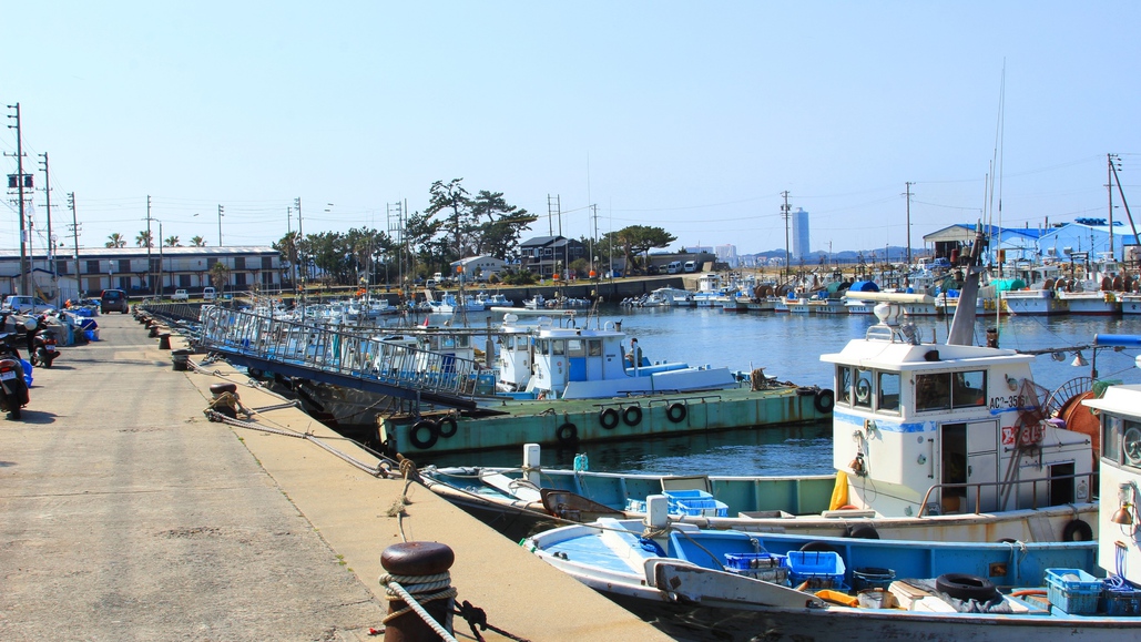 漁船沿いに歩くと晴快荘が見えます