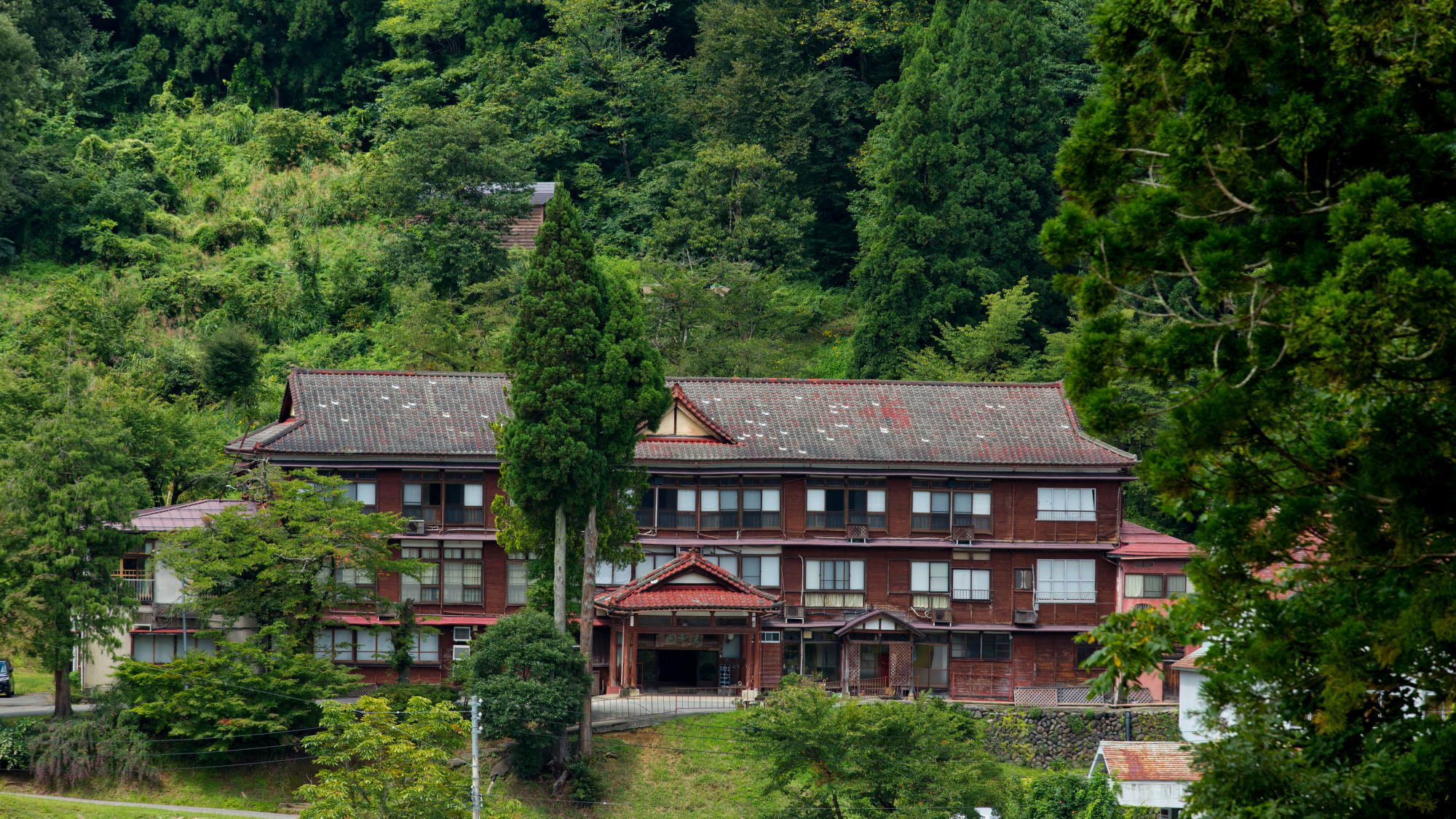 秘湯とも言われる松之山温泉。温泉街から少し離れた当館周辺は、深い緑に覆われています。